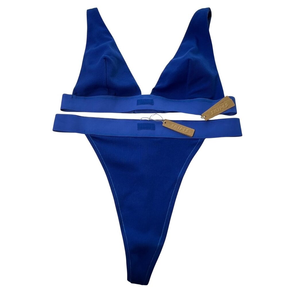 SKIMS Cotton Rib Plunge Bralette + Thong‎ Set Cobalt 4X